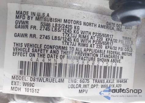 2008 Mitsubishi Endeavor Se z USA, uszkodzony, nr VIN 4A4MN31S58E027528